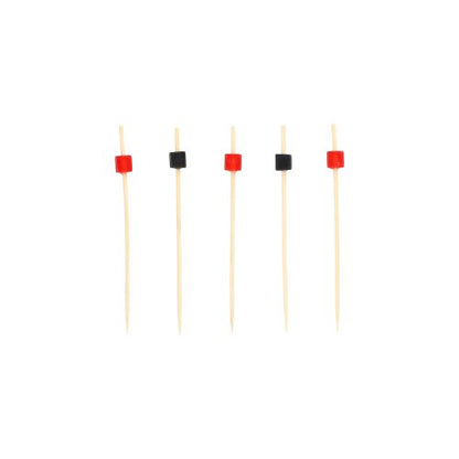 Five PAPSTAR 100 finger food - picks from PAPSTAR GmbH stand vertically, each with a small square pearl at the top area - three red, two black - on a plain white background.