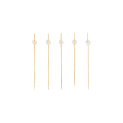 Five PAPSTAR 100 finger food - picks from PAPSTAR GmbH, each with a small clear pearl at the top end, are arranged in a straight, horizontal line on a plain white background.