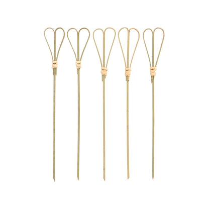 Five PAPSTAR 100 finger food - picks from PAPSTAR GmbH with loop toppers are arranged in a row against a white background and are ideal as stylish finger food picks for serving.