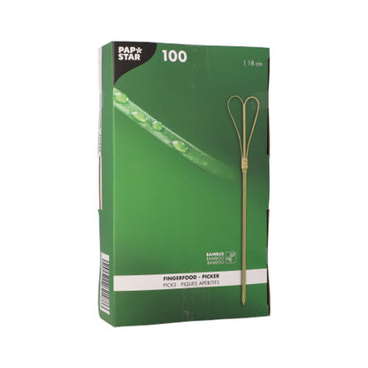 The green box labeled "PAPSTAR 100 Fingerfood - Picker" from PAPSTAR GmbH contains 18 cm long bamboo picks, ideal for finger food. The packaging shows a single picker and highlights the bamboo material.