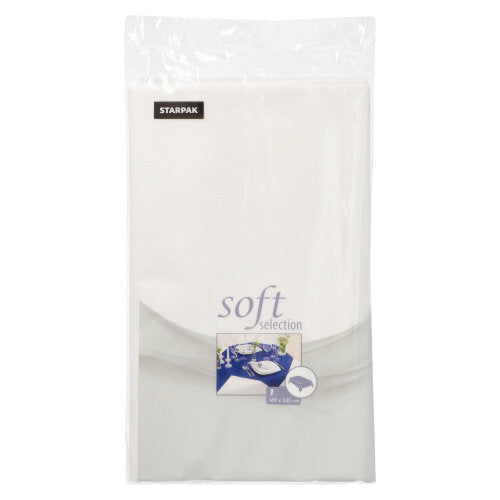 Pictured is a package of Starpak tablecloth, fabric-like, fleece "soft selection" 240 cm x 140 cm in white in a transparent cover with a product label featuring a table setting motif. Brand: Starpak.