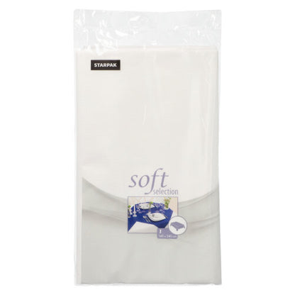Pictured is a package of Starpak tablecloth, fabric-like, fleece "soft selection" 240 cm x 140 cm in white in a transparent cover with a product label featuring a table setting motif. Brand: Starpak.