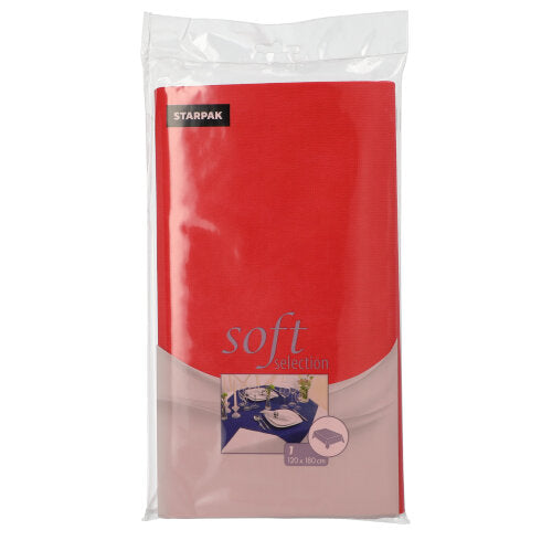 A Starpak tablecloth, fabric-like fleece "Soft Selection" (120 x 180 cm), is packaged in clear foil and shows the folded tablecloth and a small image of a set dining table on the front.