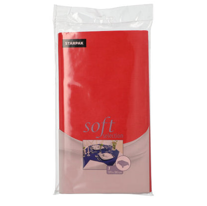 A Starpak tablecloth, fabric-like fleece "Soft Selection" (120 x 180 cm), is packaged in clear foil and shows the folded tablecloth and a small image of a set dining table on the front.