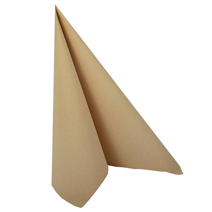 A single PAPSTAR 50 napkins "ROYAL Collection" 1/4-fold 40 x 40 cm Sand napkin by PAPSTAR GmbH is folded vertically in a triangular, standing form against a plain white background.