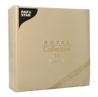 A sand-colored package PAPSTAR GmbH 50 napkins "ROYAL Collection" 1/4-fold (40 x 40 cm) with predominantly simple packaging with gold and white lettering and a black logo in the upper left corner.