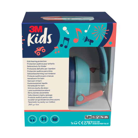 Eine Schachtel 3M™ Gehörschutz für Kinder PKIDSP-TEAL-E in türkis (87-98 dB) von 3M Deutschland GmbH, mit klarer Verpackung, mehrsprachigem Text und buntem Design - der ideale Gehörschutz für Kinder.