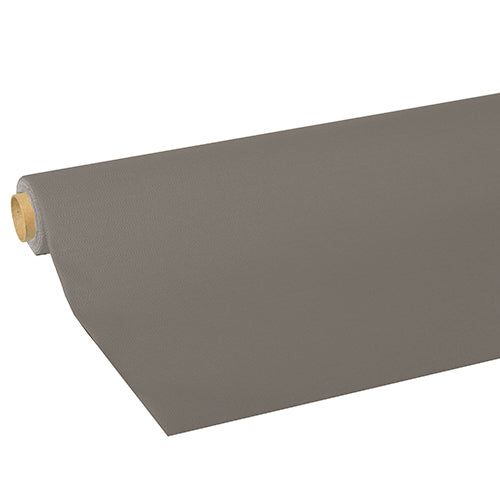 A large roll of "ROYAL Collection" tablecloth from PAPSTAR GmbH in gray is partially unrolled on the side, revealing the texture, thickness, and visible cardboard tube at one end.