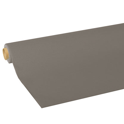 A large roll of "ROYAL Collection" tablecloth from PAPSTAR GmbH in gray is partially unrolled on the side, revealing the texture, thickness, and visible cardboard tube at one end.