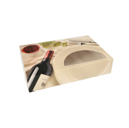 The PAPSTAR 5 transport and catering boxes "Burgundy" from PAPSTAR GmbH have a window on the right and are designed with a printed wine bottle, red wine glass, plate, and cutlery on a tablecloth.