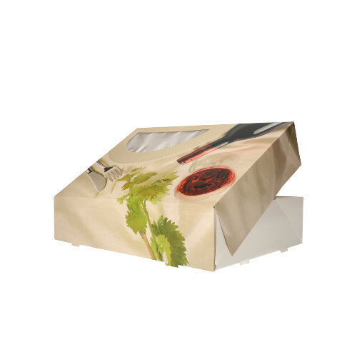 The PAPSTAR 5 transport and catering boxes "Burgundy" from PAPSTAR GmbH have a window in the lid as well as decorations with a wine glass, fork, and herbs. The box is depicted on a white background, partially open.