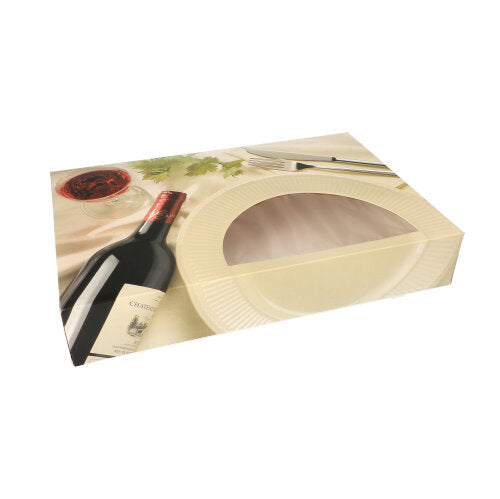 The PAPSTAR 5 transport and catering box "Burgundy" from PAPSTAR GmbH is a high-quality rectangular carton with a window, decorated with a wine bottle, red wine glass, plate, and cutlery – ideal for stylish presentations.