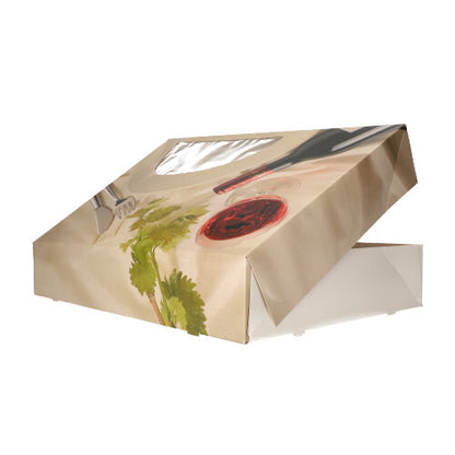 The PAPSTAR 5 transport and catering boxes "Burgundy" from PAPSTAR GmbH feature a slanted lid with a window, printed with a wine bottle, a red wine glass, and herbs, partially open and on a white background.