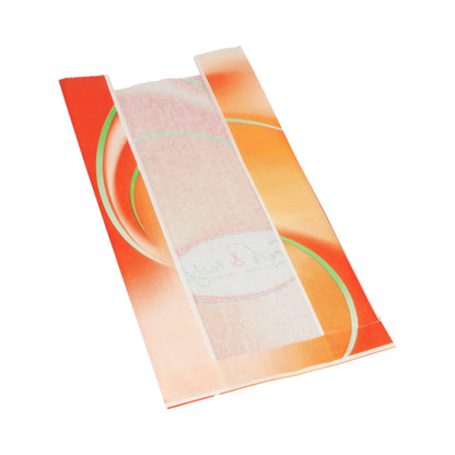 A white Starpak sight strip bag "Fresh & Tasty" (33 x 16 x 8.7 cm) with orange-yellow design shows its contents through a central transparent window. Package contains 1000 bags in shrink wrap.