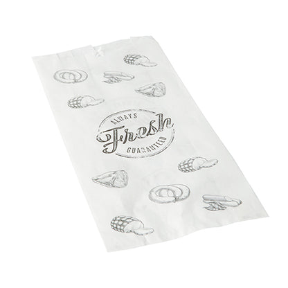 The PAPSTAR 1000 butcher bags from PAPSTAR GmbH is a white kraft paper bag with "Always Fresh Guaranteed" and black bread roll, pretzel, and croissant motifs - perfect for butcher shops or as butcher bags.