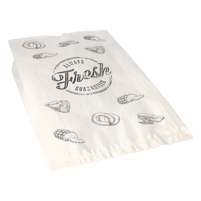 The PAPSTAR 1000 butcher bags from PAPSTAR GmbH is a white kraft paper bag with black bread lines, the inscription "Always fresh guaranteed" in the middle, and a threaded closure. The empty bag lies flat on a white surface.