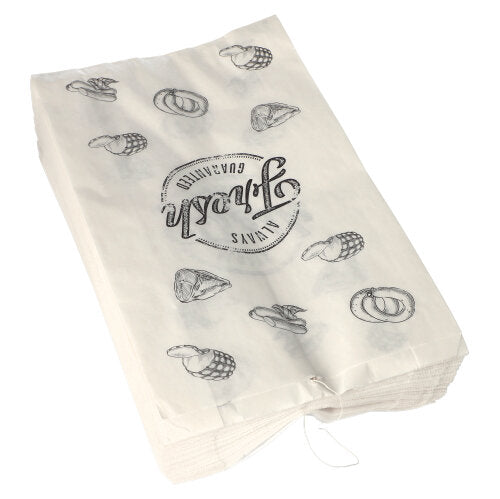 A stack of PAPSTAR 1000 butcher bags made of kraft paper, threaded, from PAPSTAR GmbH, with black illustrations of pretzels, cupcakes, and the circular inscription "Unna's Quality."