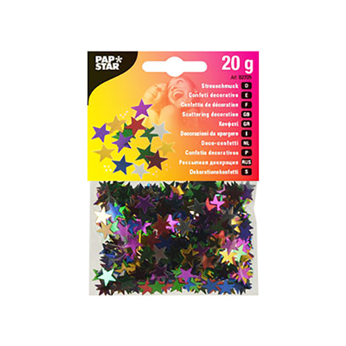 PAPSTAR decorative scatter "Stars" (colored foil, Ø 1 cm, 20 g bag) from PAPSTAR GmbH is perfect for table decoration. The colorful stars are visible through the transparent window in the lower part of the packaging.