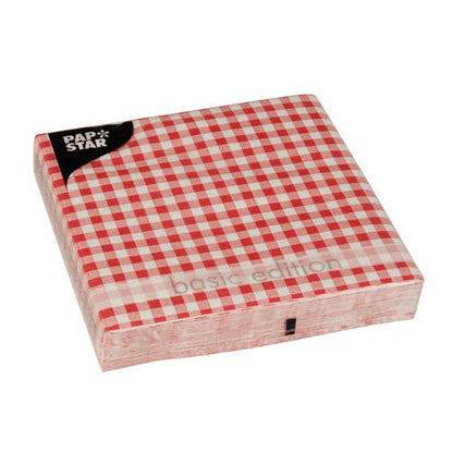 A stack of PAPSTAR 30 napkins, 3-ply, 1/4-fold, 33 cm x 33 cm from PAPSTAR GmbH in red-white checkered square packaging with the inscription "Basic Edition".