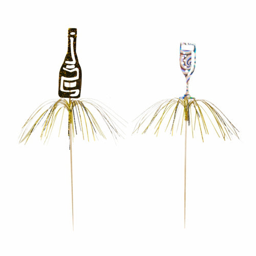 The PAPSTAR 10 decoration picks from PAPSTAR GmbH include cocktail picks with metallic foil fringes, adorned with decorations in the shape of bottles and wine glasses – ideal as festive decoration picks for parties.