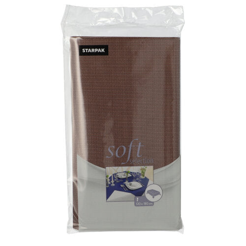 Depicted is a foil-wrapped package of the Starpak tablecloth, fabric-like, fleece "soft selection" 120 cm x 180 cm. The transparent packaging reveals a brown tablecloth and a front label with product details.