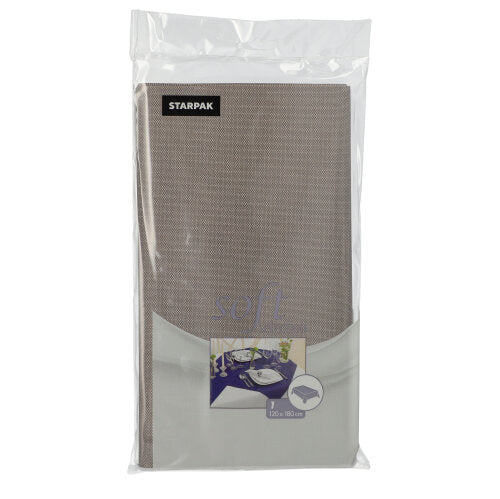 A packaged Starpak tablecloth, fabric-like, fleece "Soft Selection" 120 cm x 180 cm, is shown in transparent plastic. On the front are a set dining table and product details, with the beige material visible inside.
