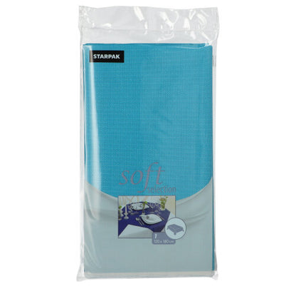 The Starpak tablecloth "Soft Selection" (120 x 180 cm) is delivered in a sealed transparent plastic packaging. The label shows a table setting and product details. Brand: Starpak.