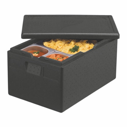 A PAPSTAR insulated transport container, EPP 60 cm x 40 cm black "Gastro-Norm 1/1" from PAPSTAR GmbH with a partially open lid reveals three trays - soup, vegetables, and pasta - in Gastro-Norm 1/1 containers.