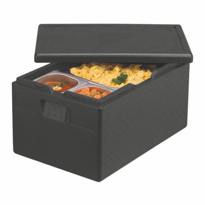 A PAPSTAR insulated transport container, EPP 60 cm x 40 cm black "Gastro-Norm 1/1" from PAPSTAR GmbH with a partially open lid reveals three trays - soup, vegetables, and pasta - in Gastro-Norm 1/1 containers.
