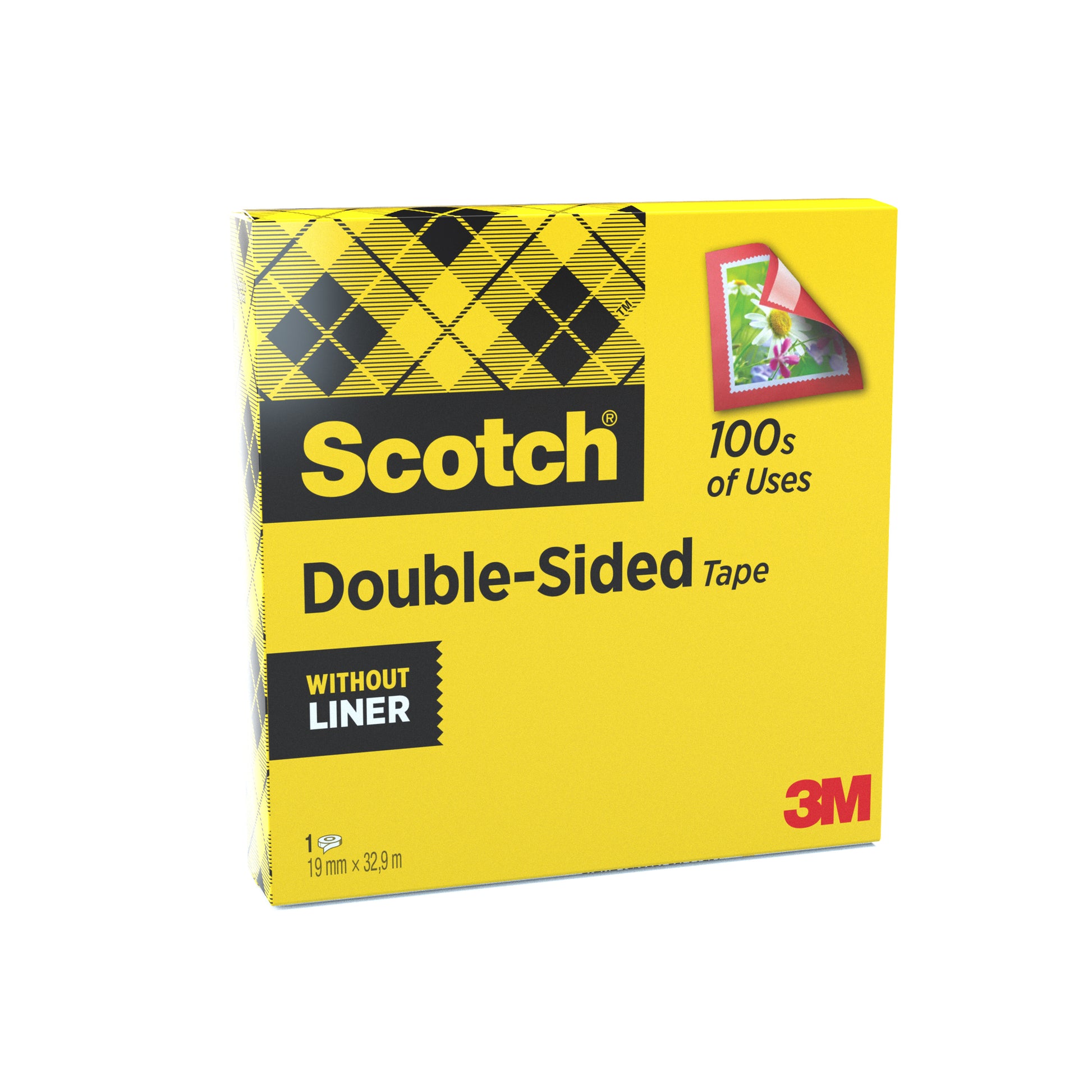 Eine gelbe Schachtel Scotch® doppelseitiges Klebeband, 1 Rolle (19mm x 33m) der 3M Deutschland GmbH, beschriftet mit "100s of Uses" und "Without Liner", zeigt ein Foto, das auf die Vorderseite geklebt wird.