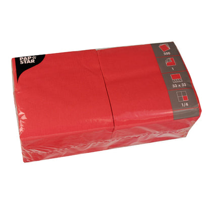 A pack of 500 PAPSTAR napkins, 1-ply, 1/4-fold, 33x33 cm from PAPSTAR GmbH, bright red, neatly packed in clear plastic wrap with product information on the label.