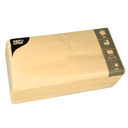 A sealed package PAPSTAR 500 napkins, 1-ply 1/4-fold (33x33 cm) from PAPSTAR GmbH, ideal for the catering industry, contains 500 beige napkins with product information in the top right corner of the plastic packaging.