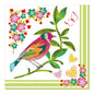 The PAPSTAR 20 napkins, 33x33 cm, 3-ply from PAPSTAR GmbH feature a colorful bird on a leafy branch with pink and yellow flowers, butterflies, hearts, and a green patterned border on two edges.