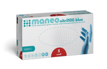 Eine rechteckige Schachtel der ARNOWA GmbH mit der Aufschrift "MANEO Nitril-Handschuhe, hygienisch und strapazierfähig" enthält kleine, blaue Einweghandschuhe. Die Verpackung zeigt eine behandschuhte Hand, Produktsymbole und einen zweisprachigen Text.