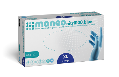Eine Packung MANEO Nitril-Handschuhe, hygienisch und strapazierfähig von ARNOWA GmbH in XL. Die weiß-blaue Packung zeigt auf der rechten Seite eine behandschuhte Hand, auf der Vorderseite sind Produktdetails und Symbole für hygienischen Schutz abgebildet.