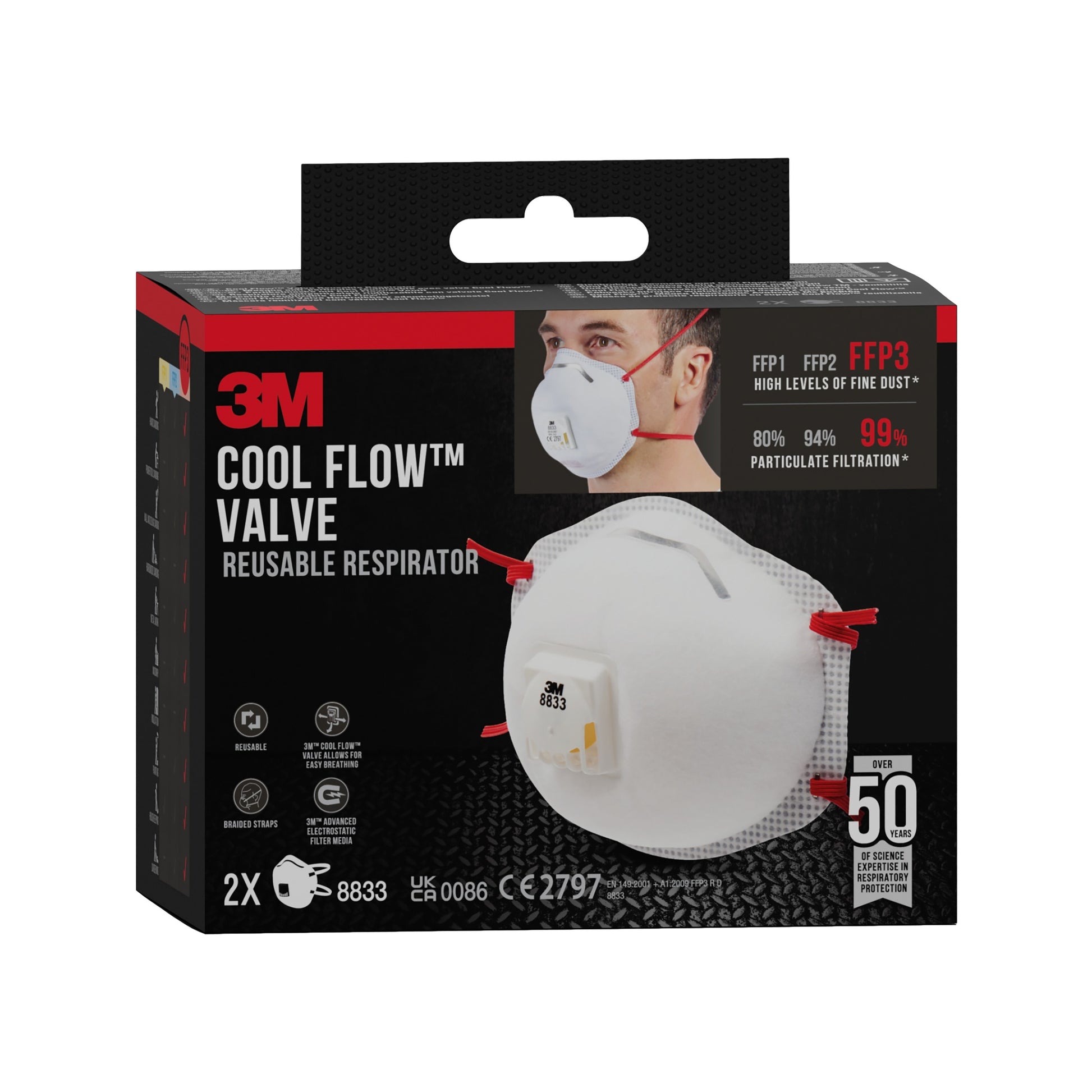 Eine schwarze Verpackung der 3M Deutschland GmbH zeigt die 3M™ Cool Flow™ Partikelmaske 8833, FFP3, mit Ventil (2er-Pack/1 Stück). Die Verpackung hebt die Funktionen und Filterstufen hervor und zeigt eine Person, die die Maske trägt. Modell: 8833.