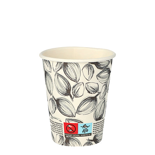 The Starpak 40 disposable cups "Leaves" To Go (0.2 l, 8 cm Ø, 9.1 cm high) features a black and white leaf pattern with warning symbols and text at the bottom on a white background. Contains 40 disposable paper cups.