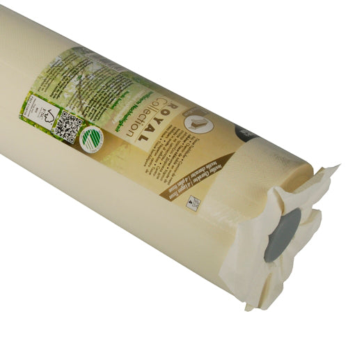 A close-up of the PAPSTAR table runner, Tissue "ROYAL Collection" (24 m x 40 cm) from PAPSTAR GmbH. The cream-colored tissue table runner with green design details and a partially wrapped protective plastic label is visible.