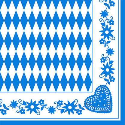The PAPSTAR napkins 1/4-fold, 40x40 cm, Bavarian Blue (3-ply) feature a blue and white diamond pattern with blue floral borders and a heart motif. Available in a pack of 50 at PAPSTAR GmbH.