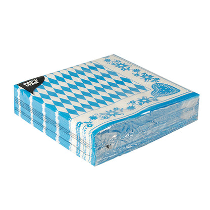 A stack of PAPSTAR GmbH napkins 1/4-fold, 40x40 cm, Bavarian Blue, 3-ply (50 pieces), with blue and white diamond pattern, packed in clear foil.