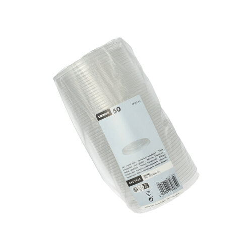 A package of 50 round, transparent Starpak "Hurricane" disposable cups made of PET, wrapped in plastic and labeled with quantity and product information.