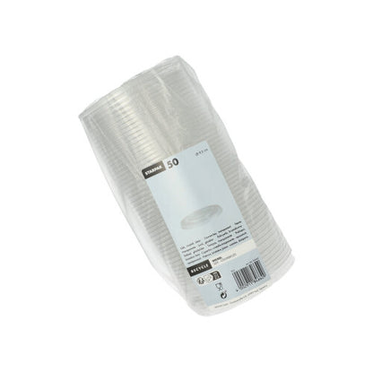 A package of 50 round, transparent Starpak "Hurricane" disposable cups made of PET, wrapped in plastic and labeled with quantity and product information.