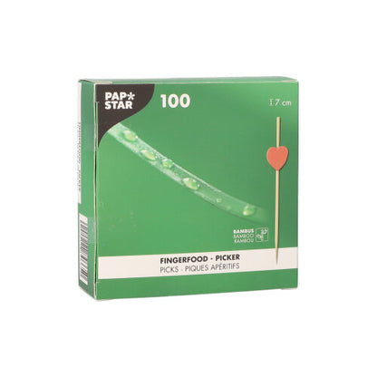 A green box of PAPSTAR 100 Fingerfood - Picker from PAPSTAR GmbH contains 100 picks (7 cm) with small red hearts - ideal for finger food or as decorative stickers at your next event.