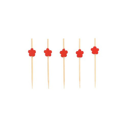 Five PAPSTAR 100 finger food - picks from PAPSTAR GmbH, each with a small red flower topper, stand in a row against a plain white background.