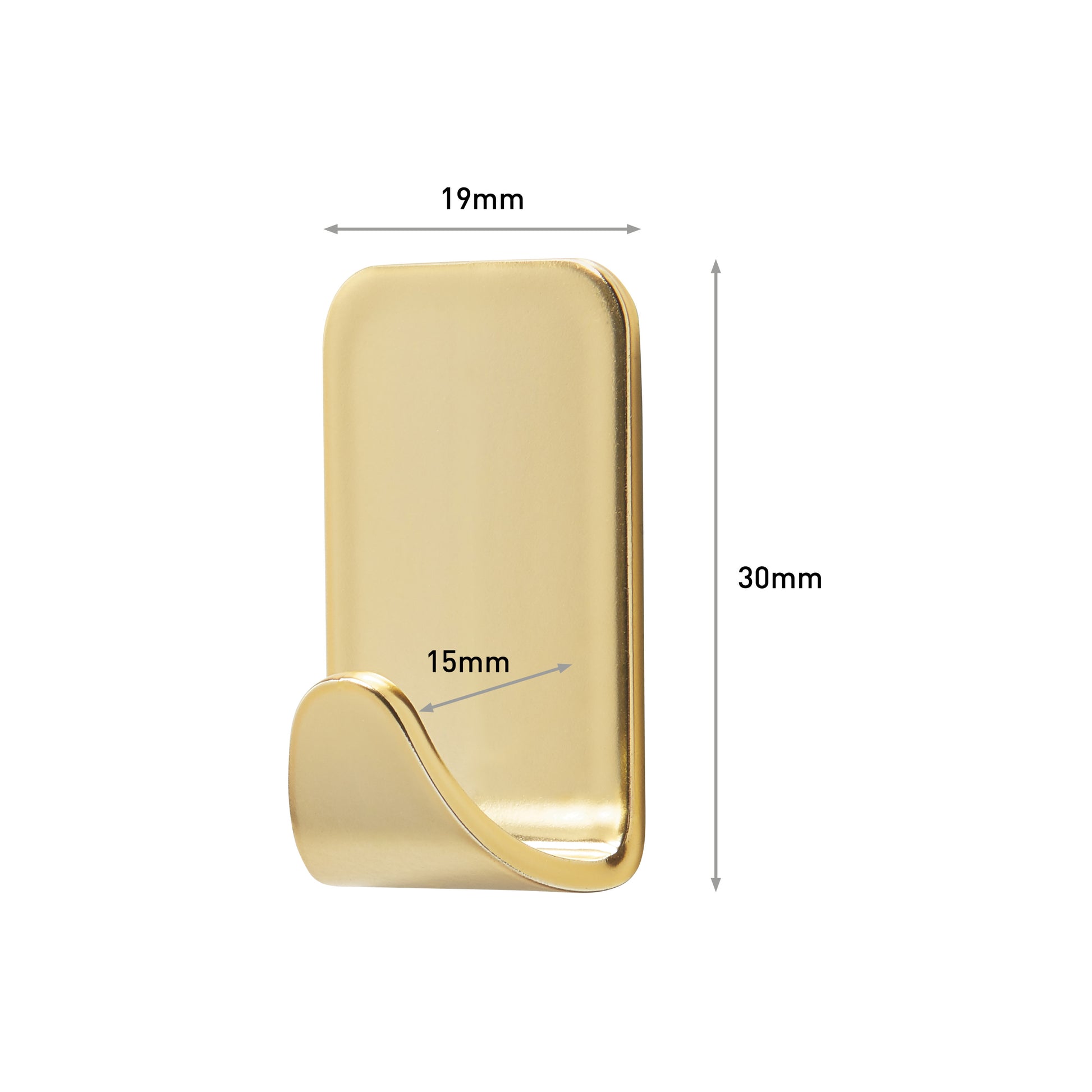 Der Command™ Metallhaken Größe S von 3M Deutschland GmbH in Gold hat eine 30x19mm große rechteckige Rückenplatte und einen gebogenen Haken, der 15mm aus der Basis herausragt. Packung mit 4 Haken und 5 Streifen, Modell 17032BR-4ES.