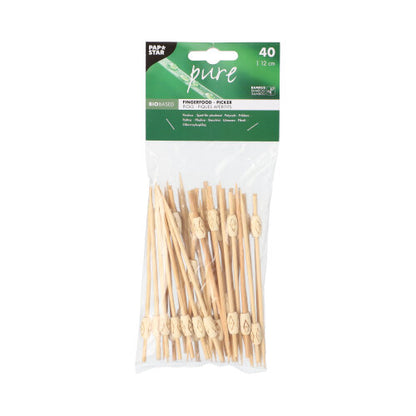 A transparent plastic bag with 40 PAPSTAR finger food picks "pure" skewers from PAPSTAR GmbH, each with a decorative loop and the inscription "biobased" - ideal for stylishly serving finger food.