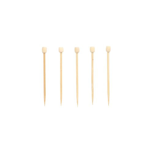 Five PAPSTAR 100 finger food picks from PAPSTAR GmbH made of bamboo with small, writable chalkboard squares as tops are arranged in a horizontal line on a white background.