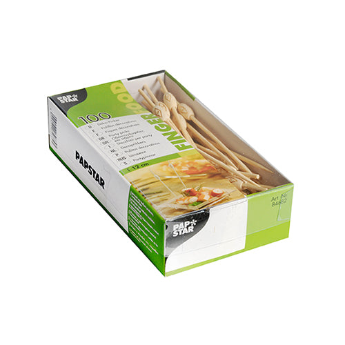 A box with 100 PAPSTAR GmbH finger food picks, ideal for buffet decoration, comes in green and white packaging with a clear window displaying the sticks. The front shows product data and dimensions.