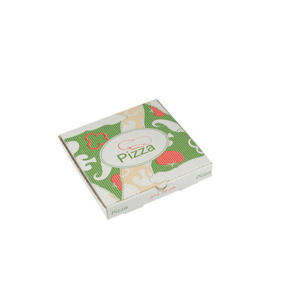 The PAPSTAR 100 pizza boxes, cellulose "pure" rectangular from PAPSTAR GmbH is an eco-friendly square box with green-red and beige design as well as "Pizza" lettering and pizza slice on the lid.