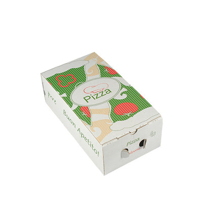 The 100 pizza boxes "pure" square from PAPSTAR GmbH are closed rectangular boxes made of eco-friendly cellulose with a green-red-beige pizza design with pizza slices and tomatoes on a white background.